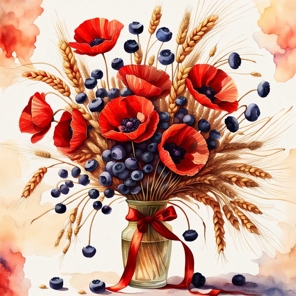 Poppy, Blueberry, and Wheat Bouquet in Watercolor Style