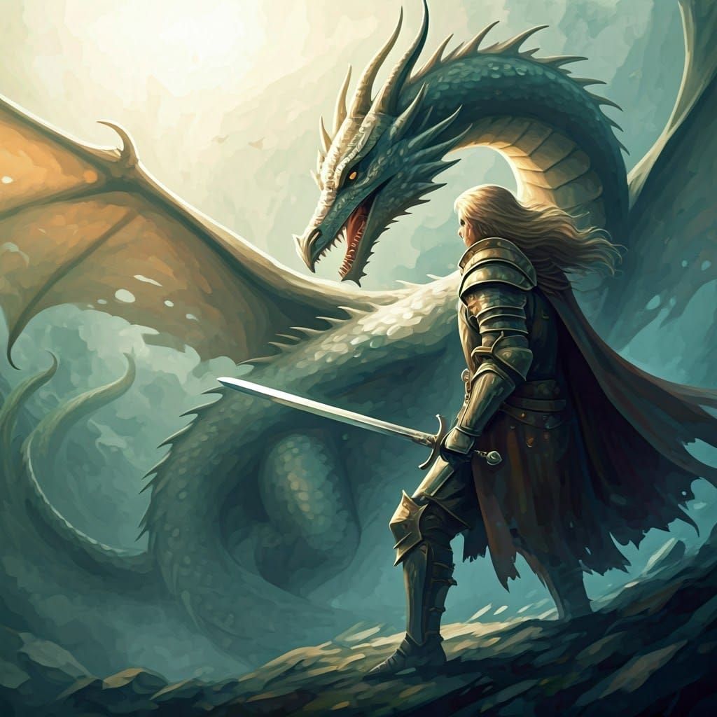 Fantasy Warrior Battles Dragon in Watercolor Style