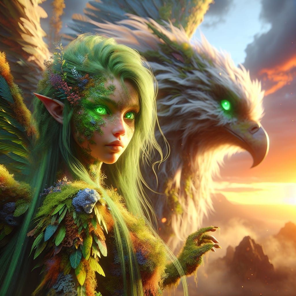 Dryad and Griffin Sunset Fantasy in Matte Painting Style