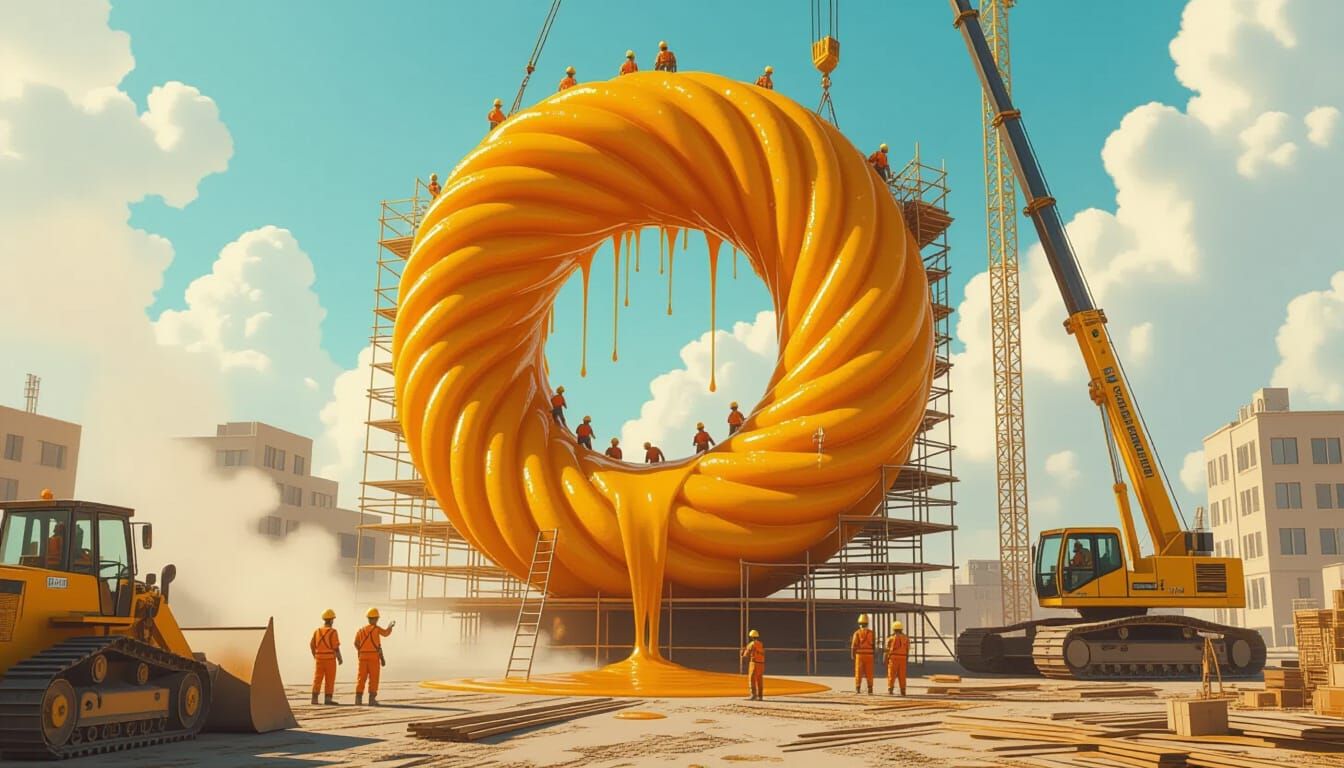 Giant Jalebi Construction Site in Hyperrealistic Cartoon Sty...