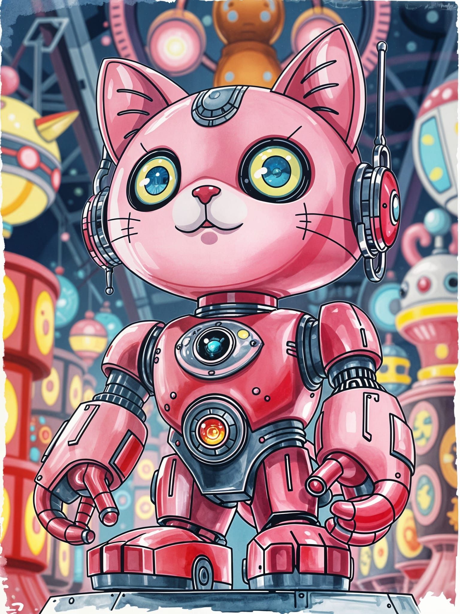Retrofuturistic Art Deco Robot Kitty Illustration