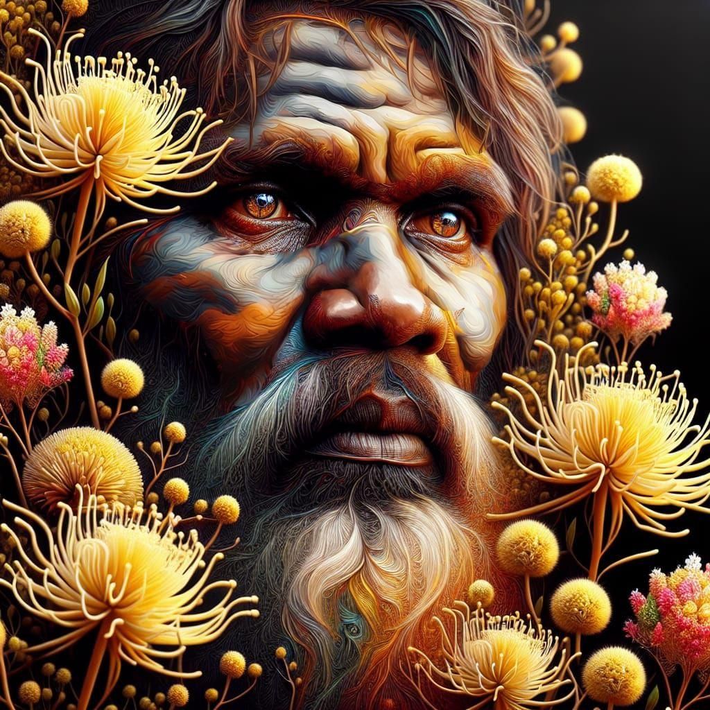 Hyperrealistic Aboriginal Man with Grevillea in Oil Paint