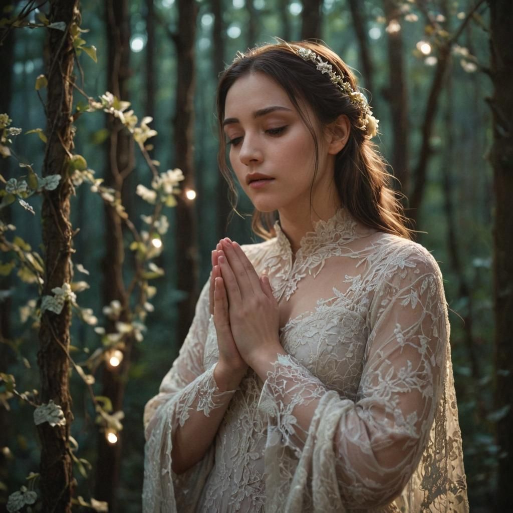 Ethereal Woman Praying in Moonlit Forest: Photorealistic Por...