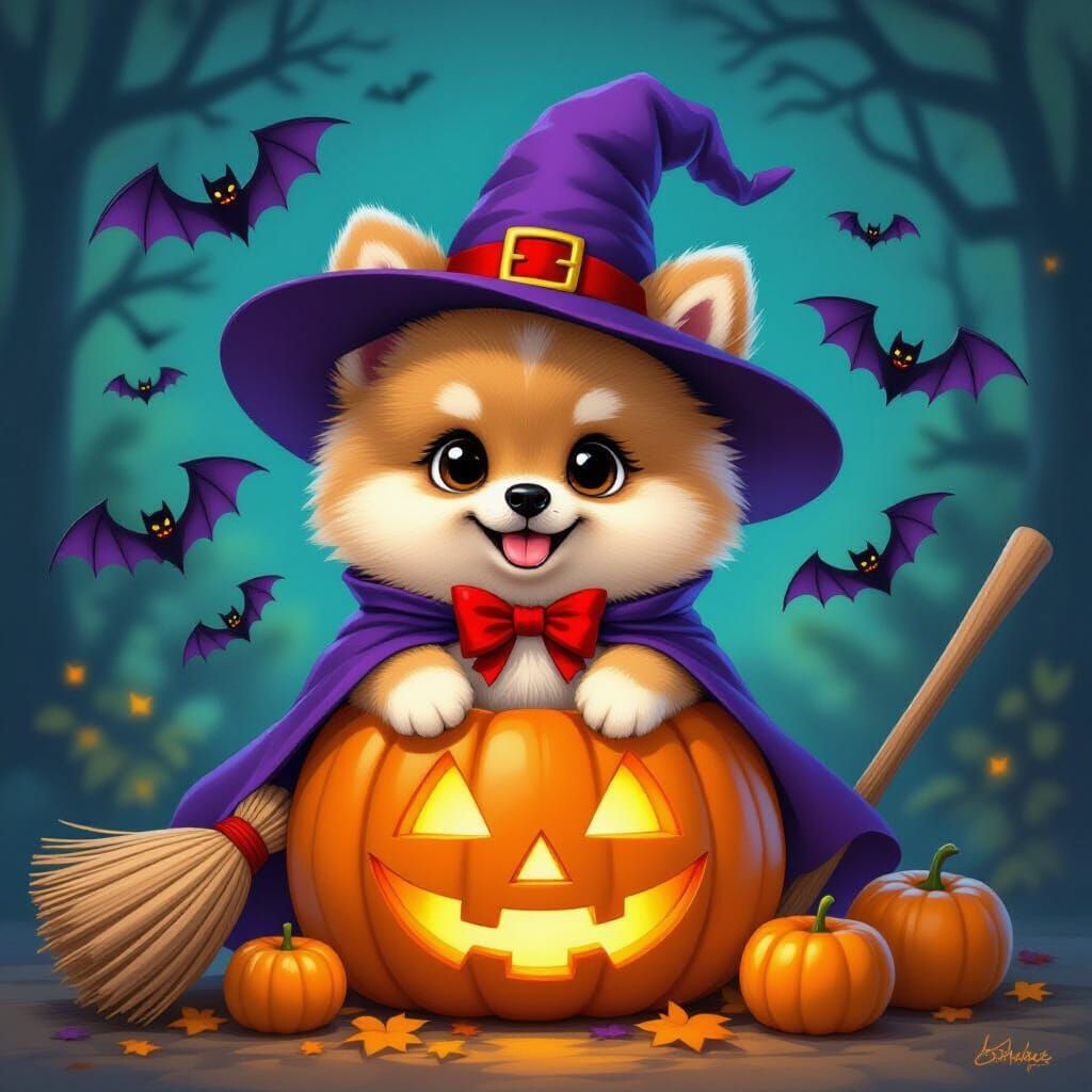 Cute Pomeranian Puppy in Witch Hat, Halloween Scene