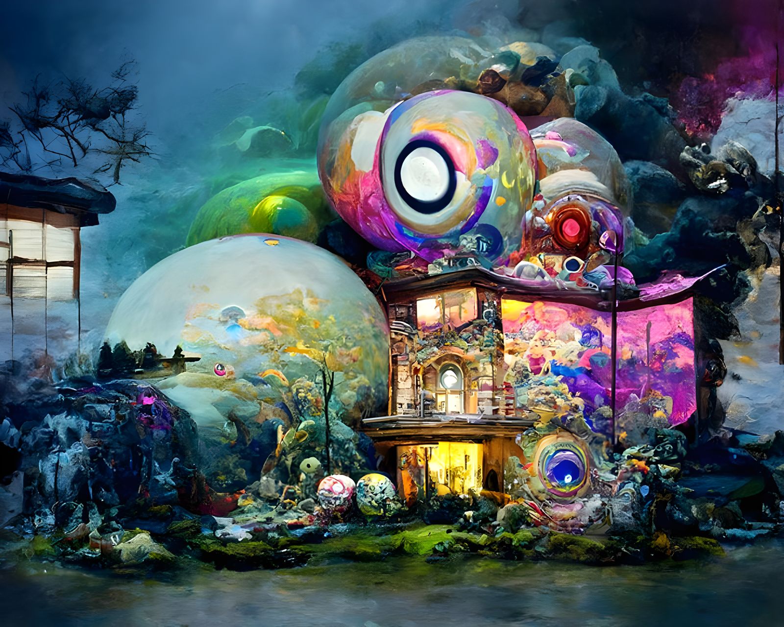 Psychedelic Dream House in Mixed Media Style