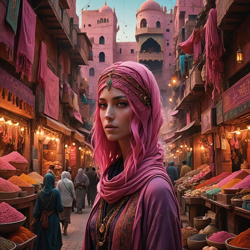 Fantasy Girl with Pink Hair in Arabian Market