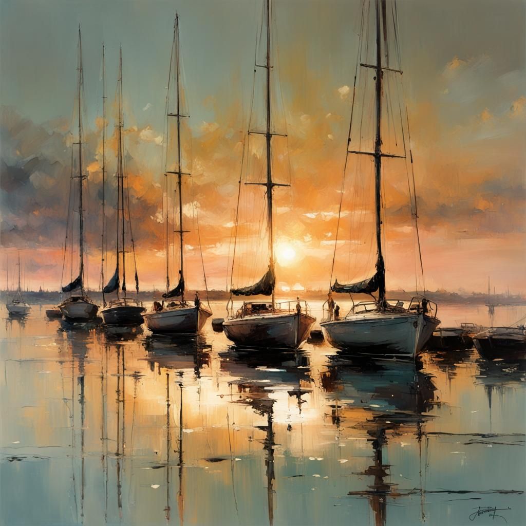 Sailboats at Anchor Reflecting in Lake at Sunset