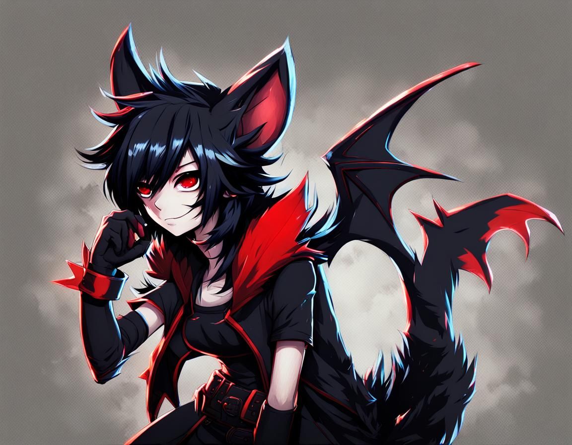 Surreal Emo Bat Goddess in Cel-Shaded Anime Style