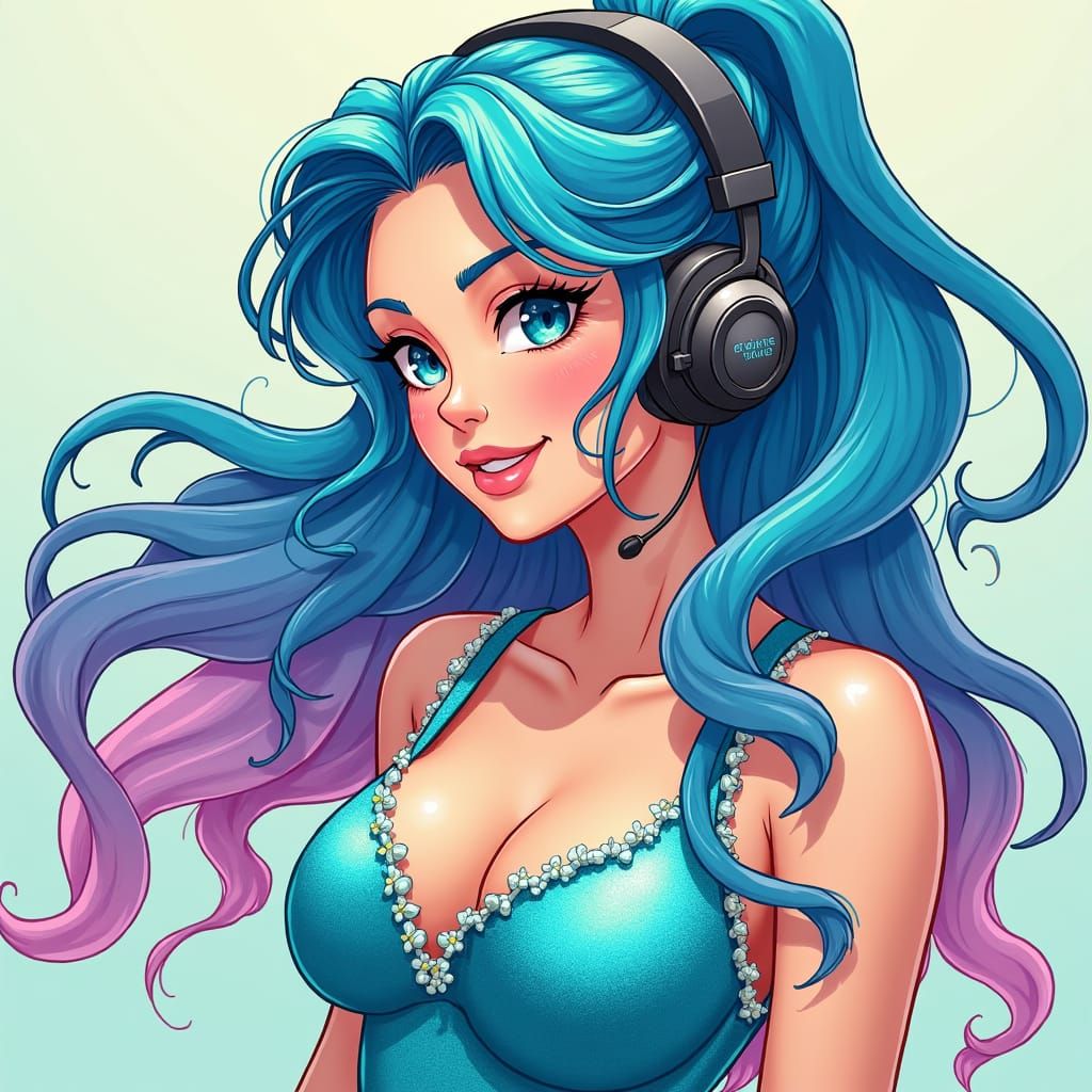 Turquoise Mermaid with Flowing Hair and Headphones