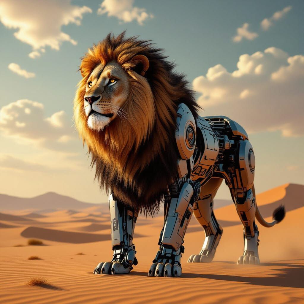 Half Robot, Half Lion in Epic Desert Matte Painting