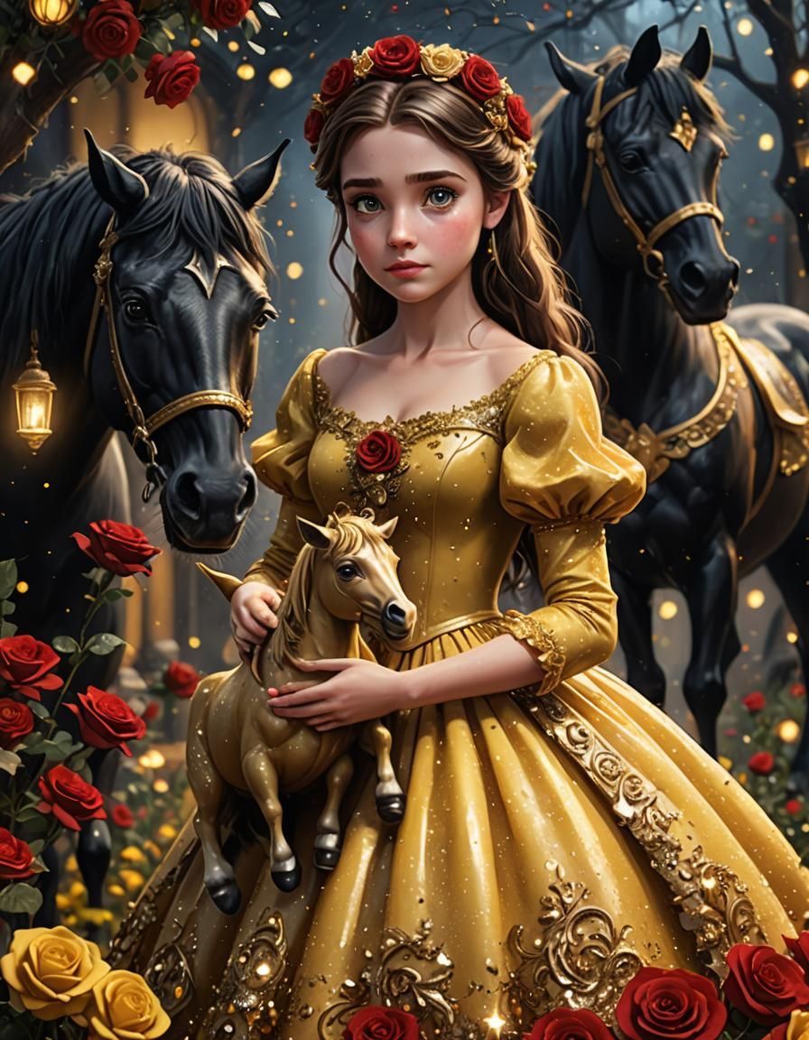 A adorable Belle in a yellow dress with an horse