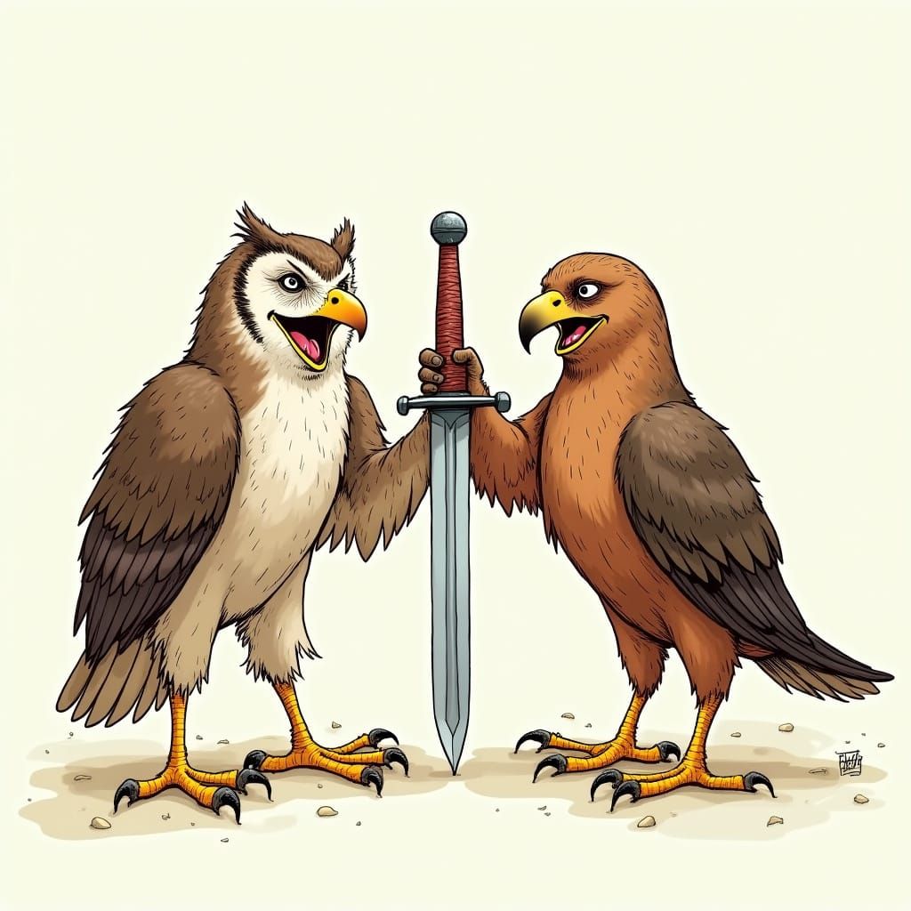 Owl holding a sword and with his best friend the hawk