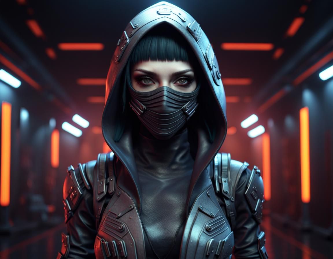 Cyberpunk Ninja Witch in Sci-Fi Club, 3D Render
