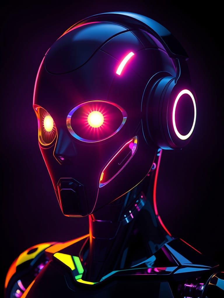 Sleek Cyberpunk Robot Radiates Neon Rainbow Light