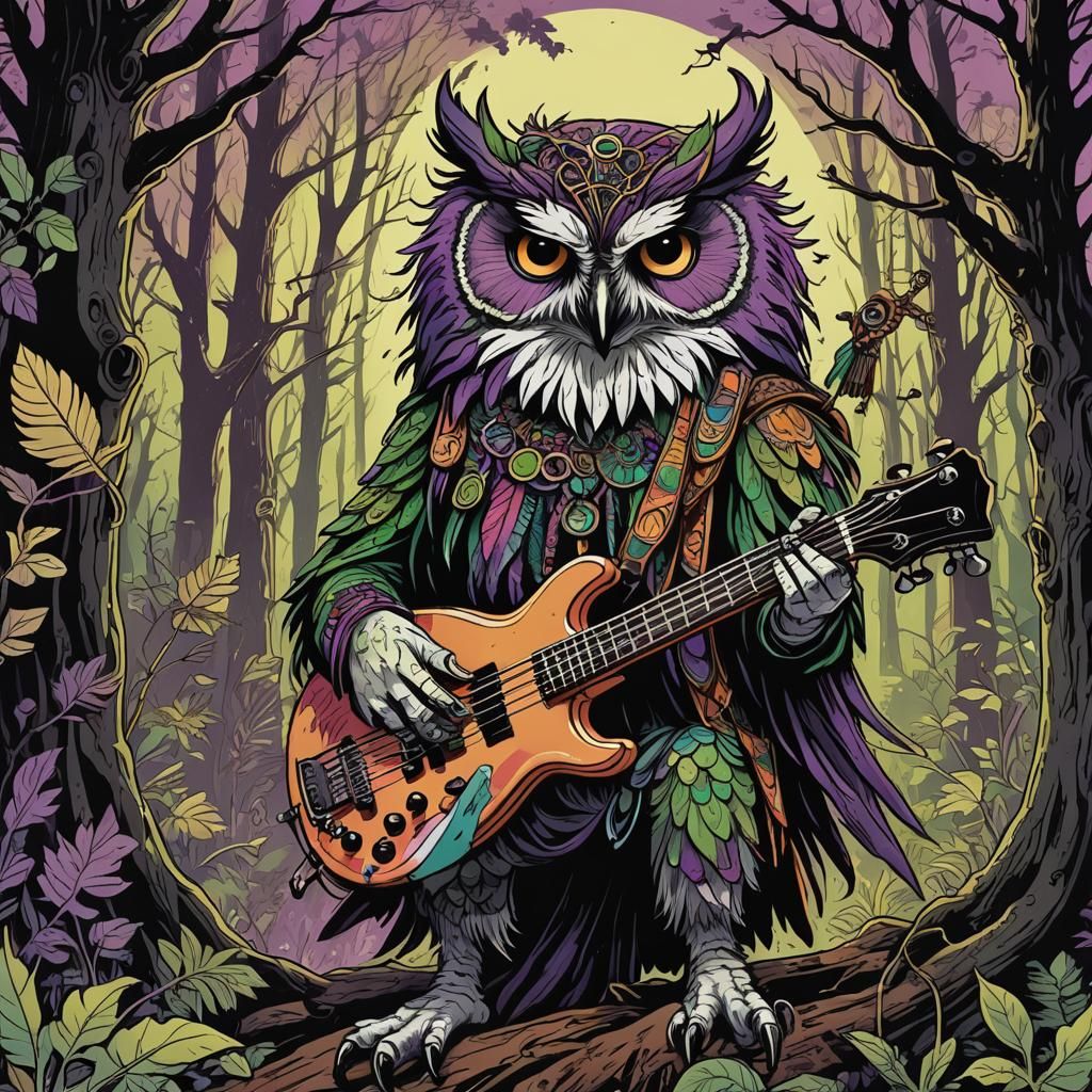 Owl Hippie Bass Player in Mike Mignola Style
