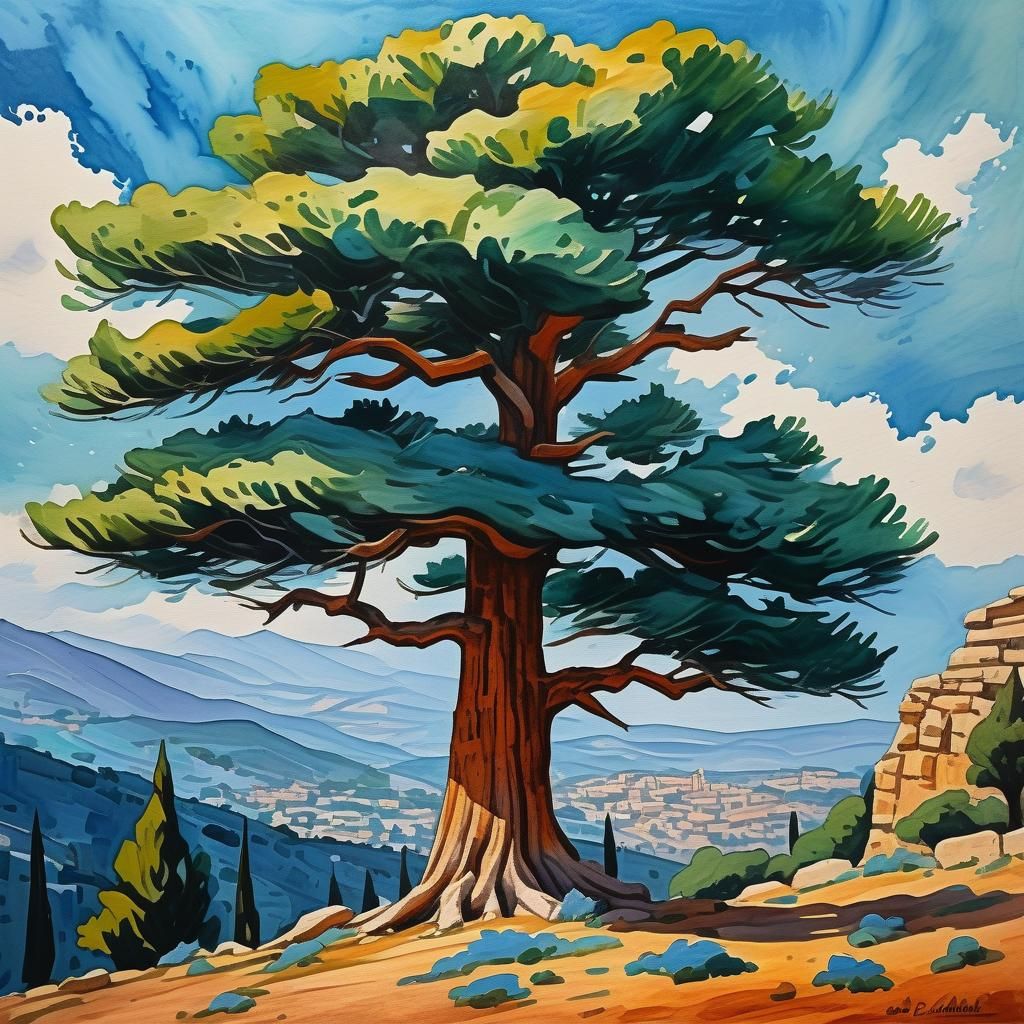 Cedar of Lebanon: Gouache Watercolor Impressionist Painting