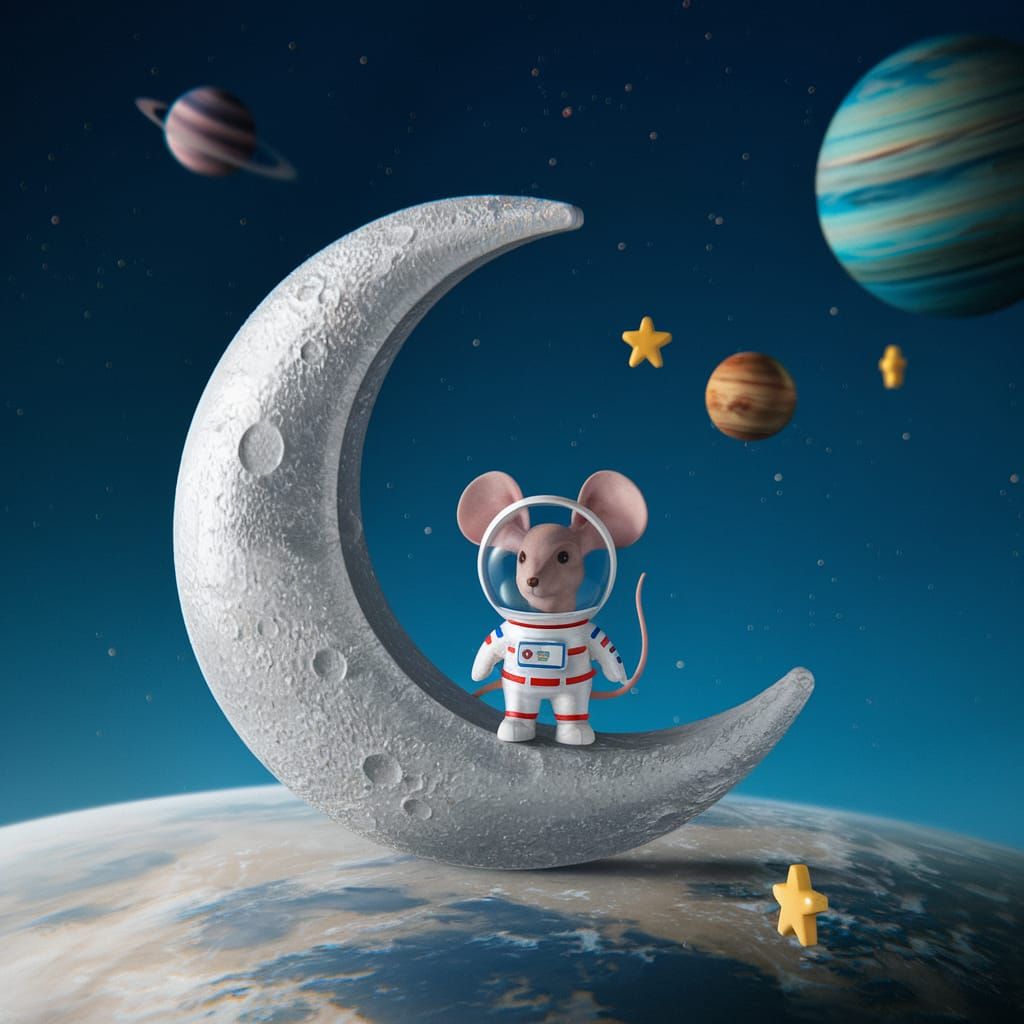 Astronaut Mouse on Crescent Moon in Space