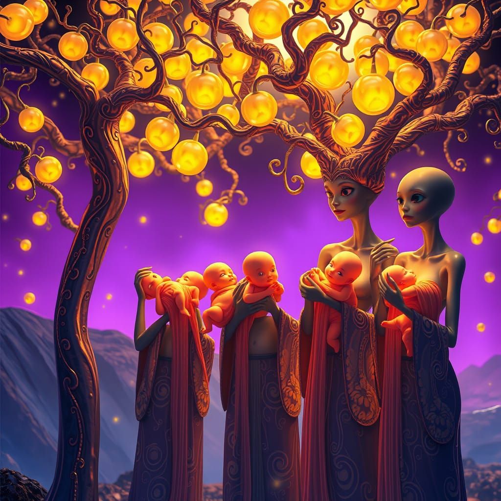 Dreamlike Planet of Glowing Babies in Art Nouveau-Inspired S...