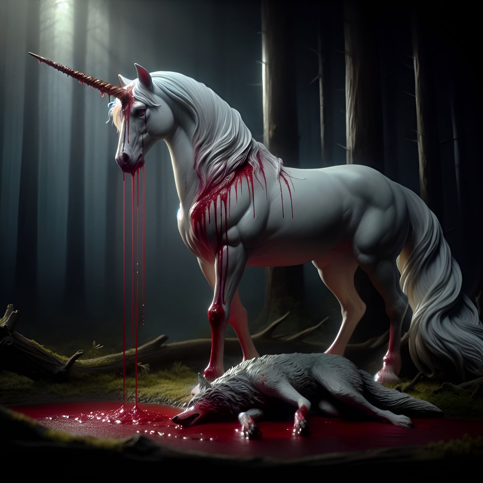 Majestic Unicorn in Dark Fantasy Forest
