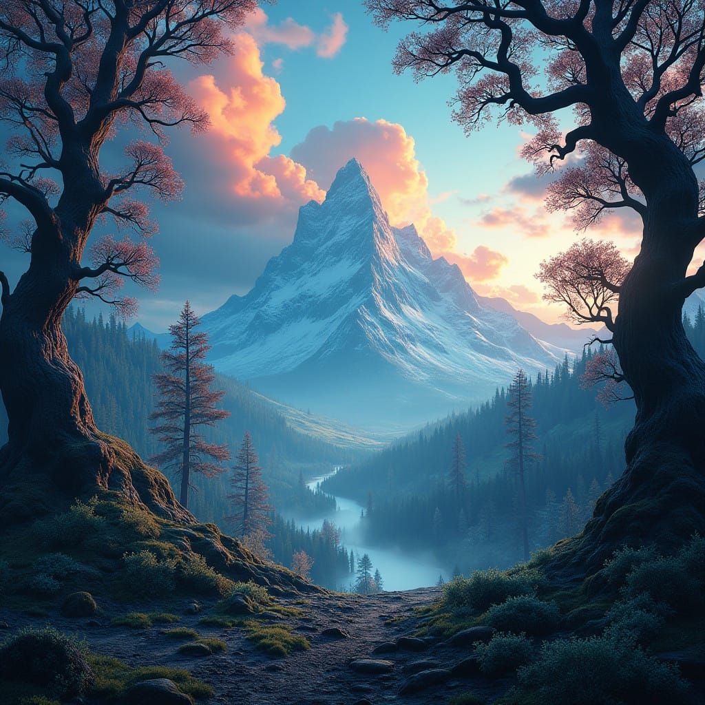 Epic Skyrim Landscape with Snow-Capped Mountains and Mysteri...