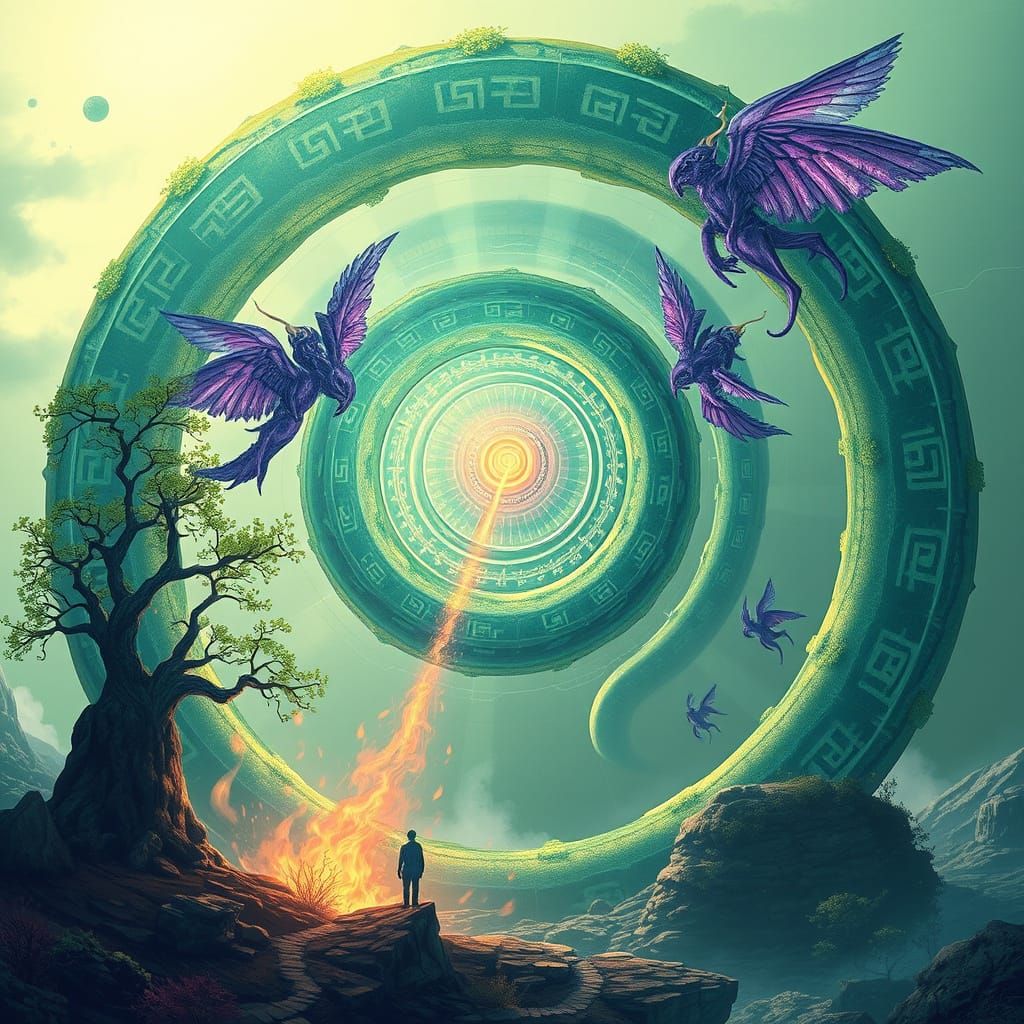 Surreal Aurora Unfolds in a Teal Spiral Grid