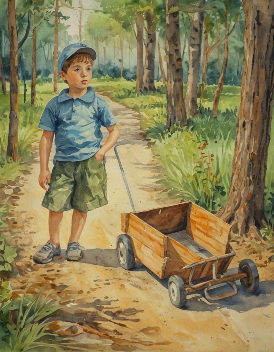 Vintage Watercolor of Boy with Go-Cart