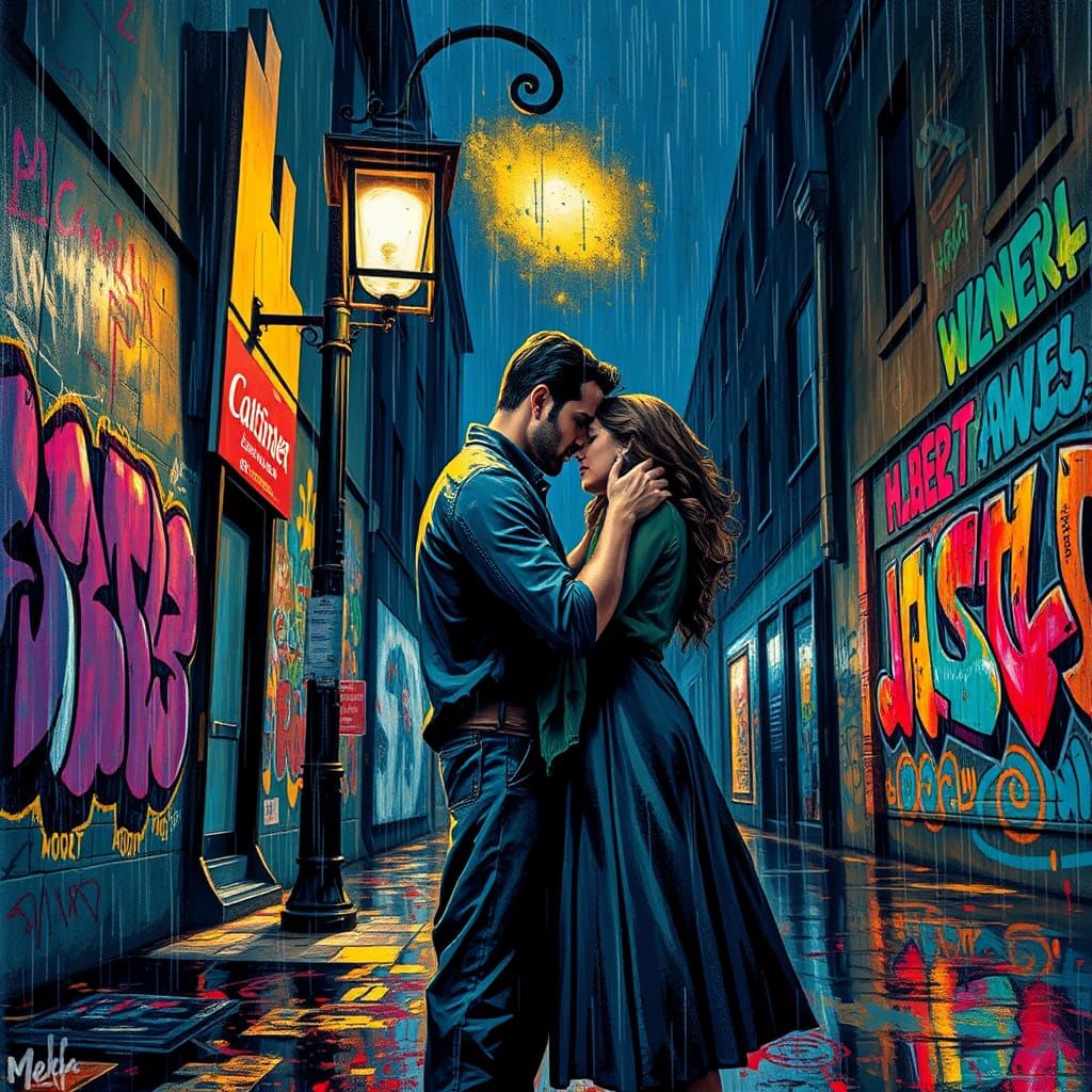 Couple Embrace in Graffiti Art Style