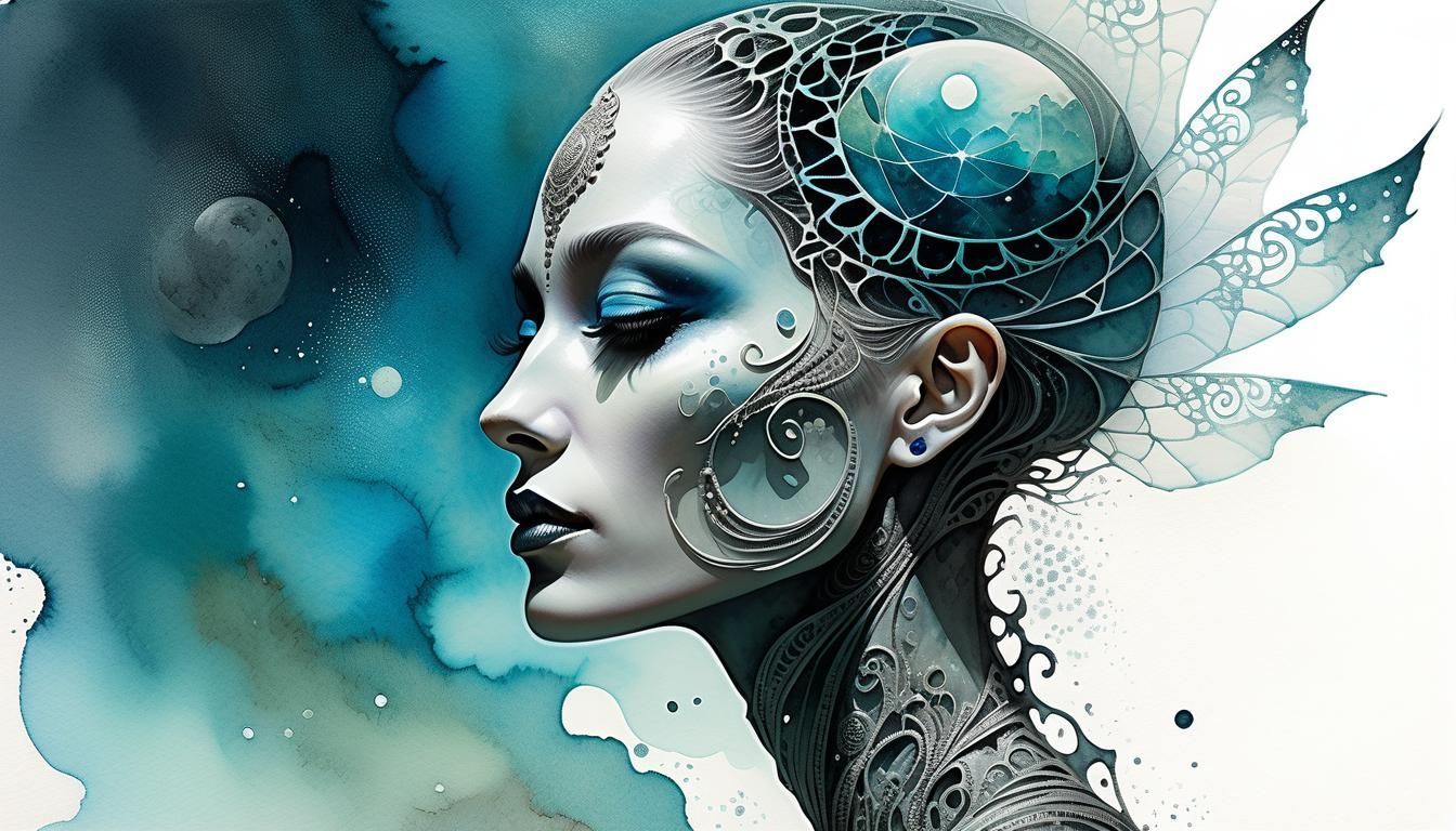 Alien Portrait with Filigree Details in Watercolor