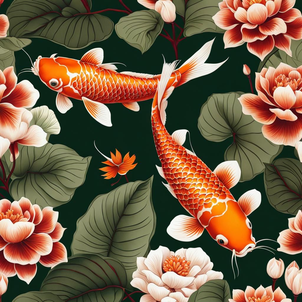Japanese Print of Orange Koi Fish and Flowers