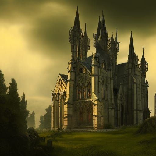 Gothic Cathedral Castle in Storm, Medieval Fantasy Art