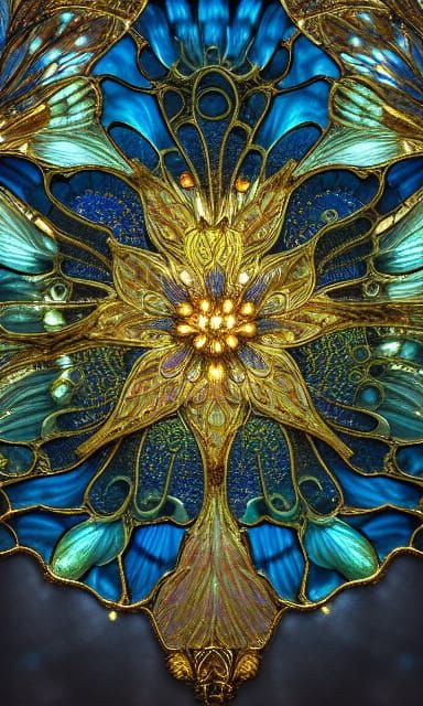 Bioluminescent Stained Glass Flower in Gold Crystals