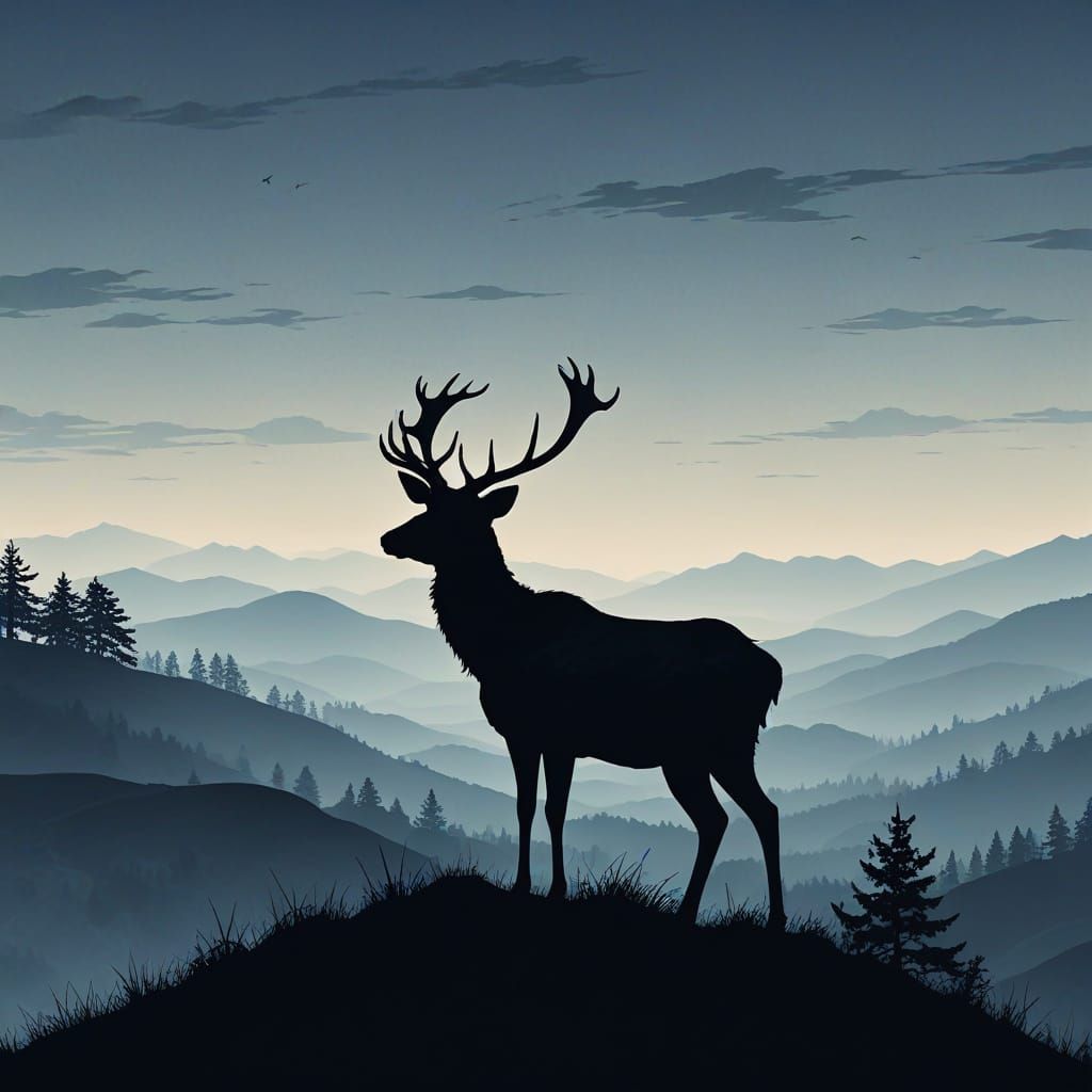 Misty Gothic Deer Silhouette in Dark Landscape