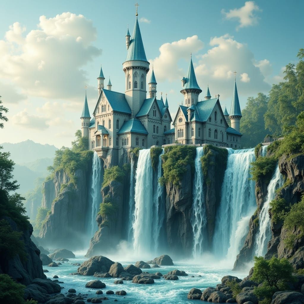 Enchanted Fairytale Castle Amidst Waterfall and Lush Forest