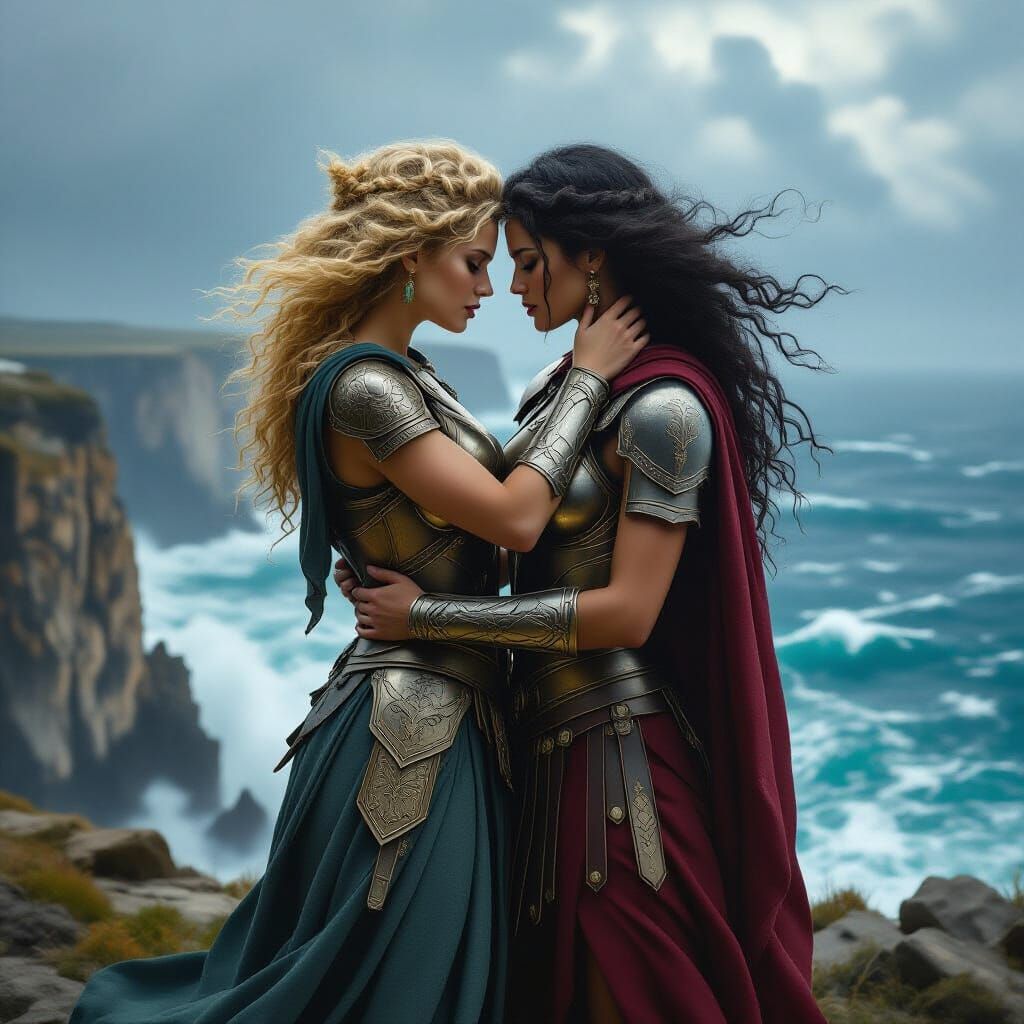 Goddesses Embrace on Stormy Cliffside in Epic Fantasy