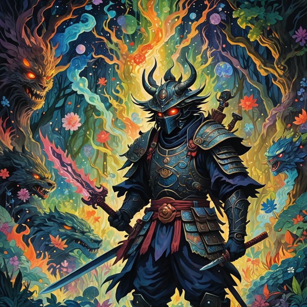 Shadow Warrior Gouache Painting in Astral Style