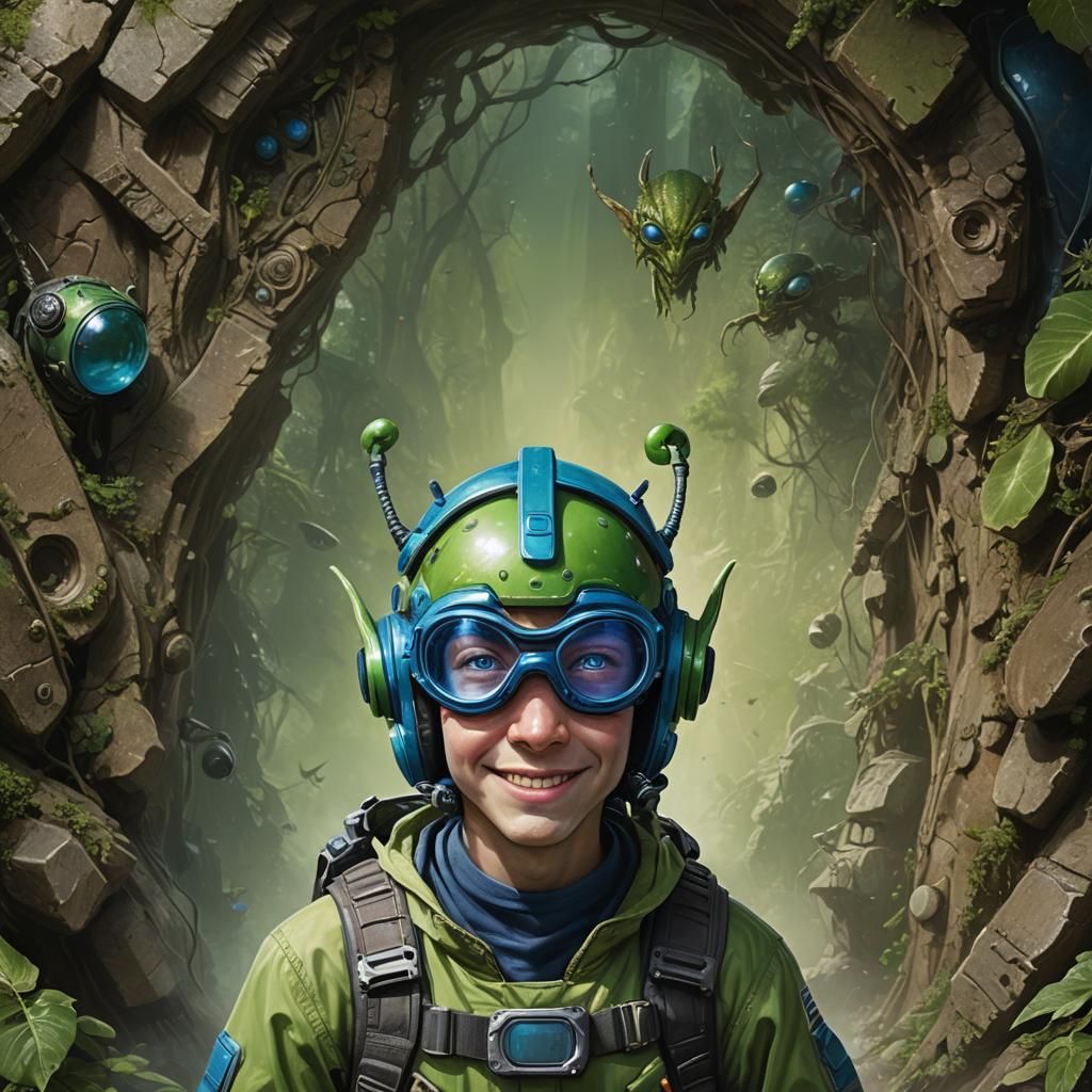 Hyperrealistic Portrait of Smiling Alien Teen in Helmet