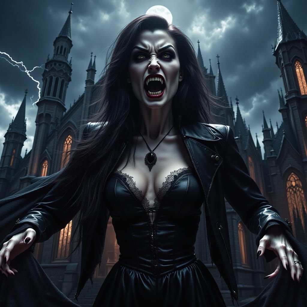 Dark Gothic Vampire Goddess Emerges from Shattered Cathedral