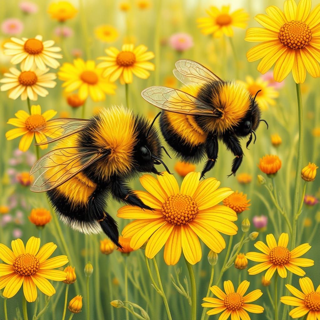 Vibrant Wildflowers Surround Plump, Fuzzy Bumble Bees in Whi...