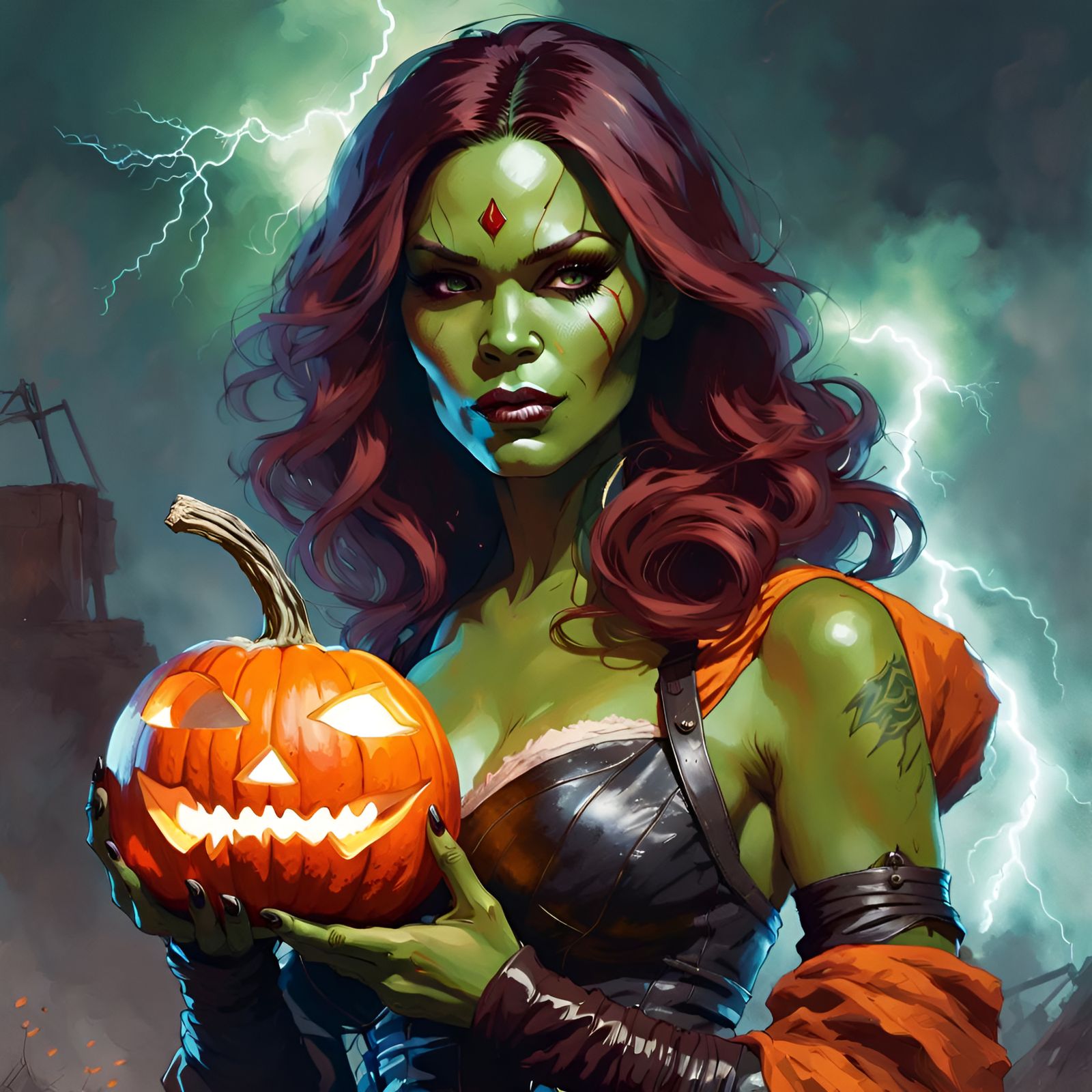 Gamora Portrait with Pumpkin in Pin-Up Style