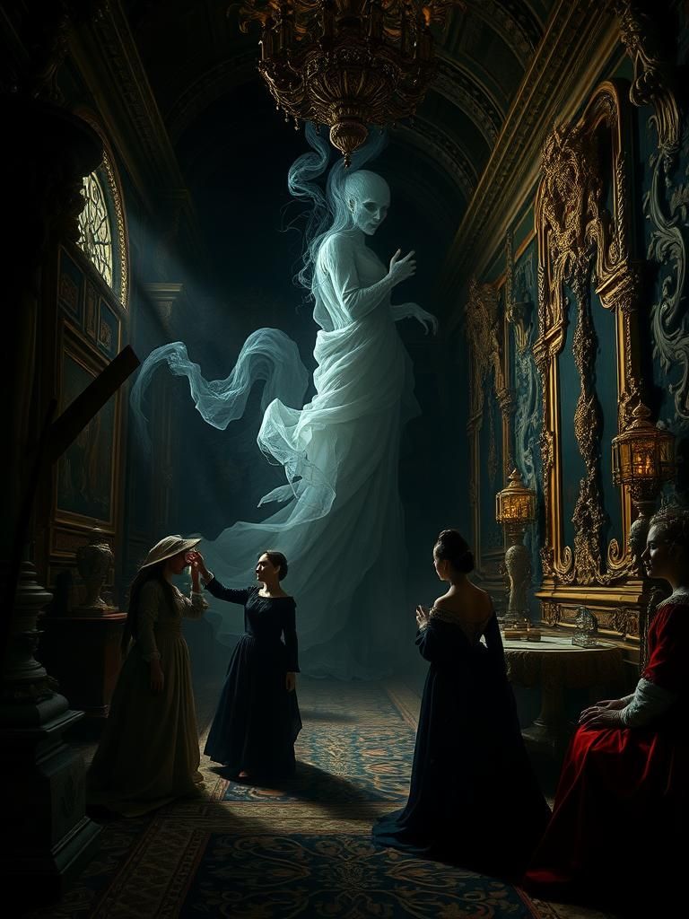 Ultra-realistic 8k resolution, art by Francisco Goya, ghostly figures emerging from the dark corners of a lavish court, ...
