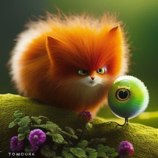 Friendly Fluffy Monster in Detailed Terrarium, Hyper-realist...