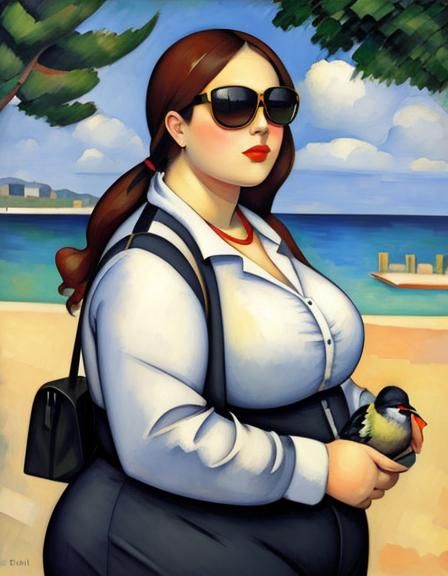 Girl with Bird and Sunglasses in Post-Impressionist Style