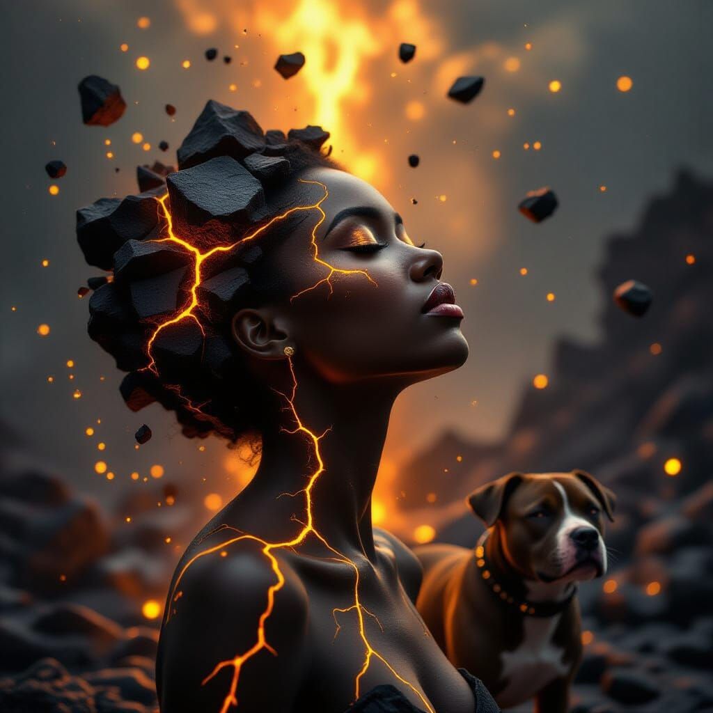 Surreal Portrait Of Woman With Golden Lava Cracks
