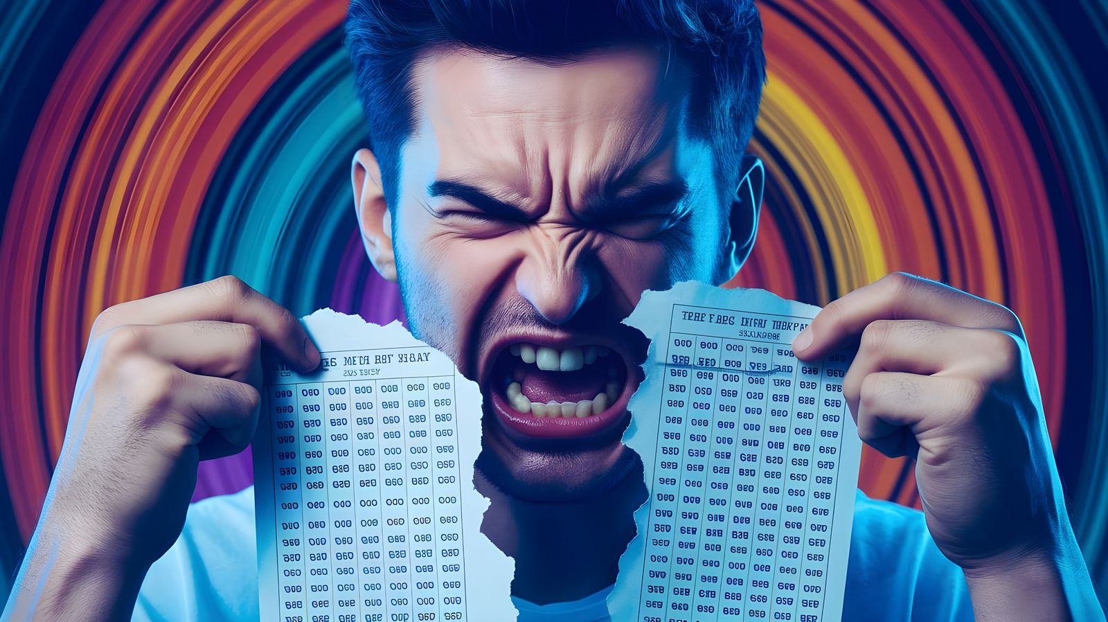 Man Tears Up Lottery Ticket in Fiery Triadic Color Scheme