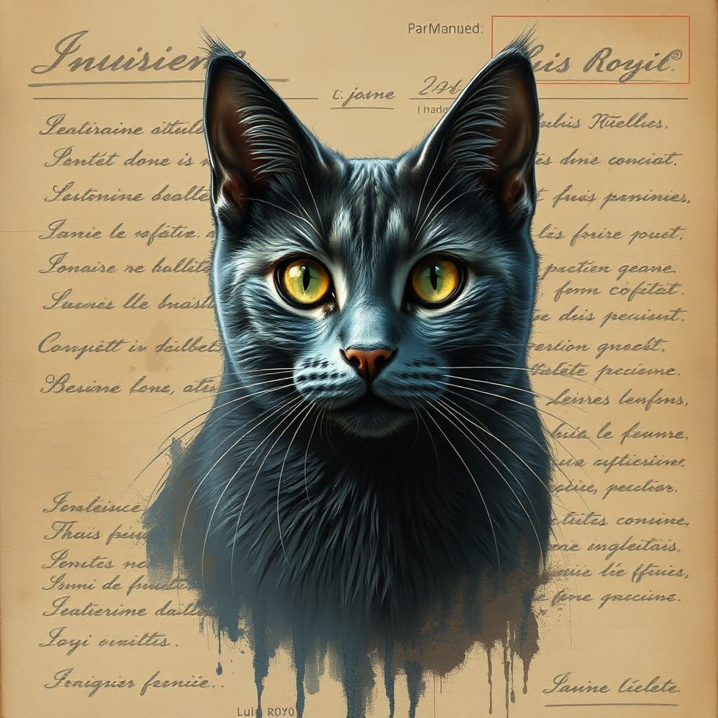 Russian Blue Cat on Vintage French Invoice