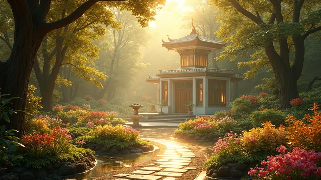 Luminous Temple Oasis in a Futuristic Paradise