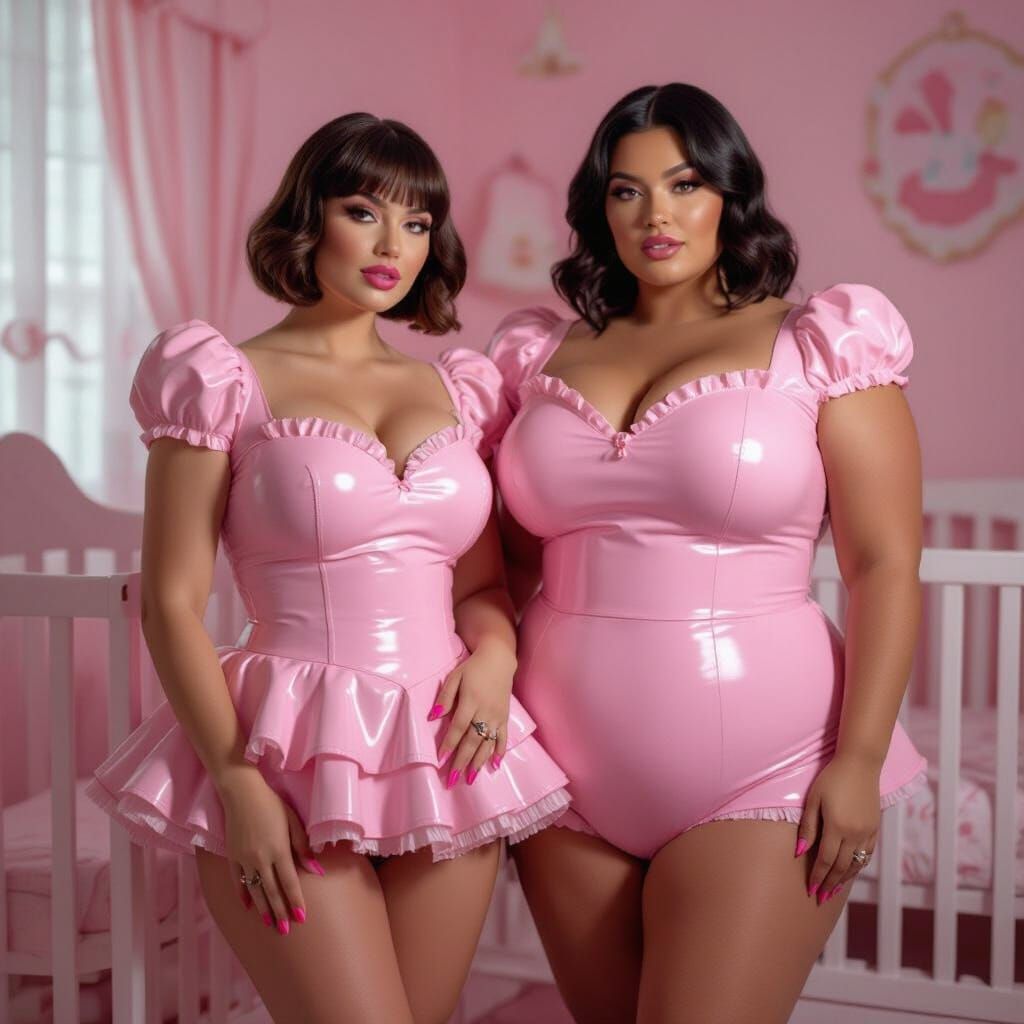 Two People in Pink Nursery Wearing Matching Leather Dresses