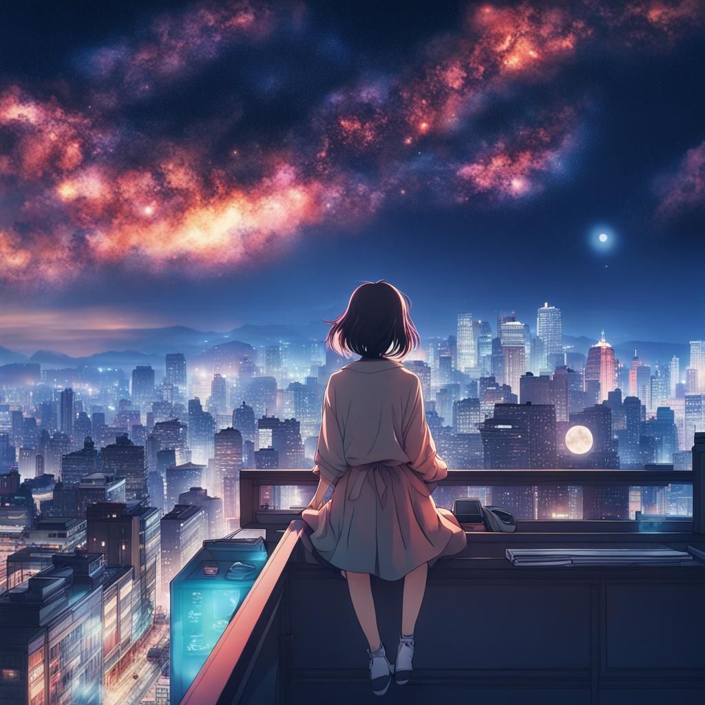 Anime Girl Gazing at Galaxy Over City at Night