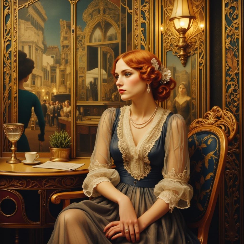Bohemian Woman in Parisian Cafe, Art Deco Style