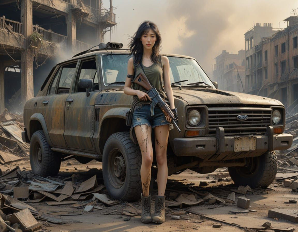 Young Woman Defiantly Stands Beside Battle-Scarred Humvee in...